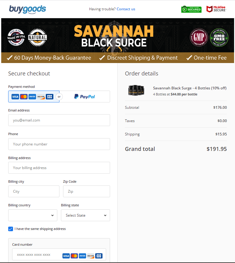 Savannah Black Surge cart checkout
